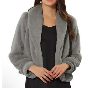 Winter Cropped Jacket Lapel Long Sleeve Faux Fur Fluffy Coat NWT grey small